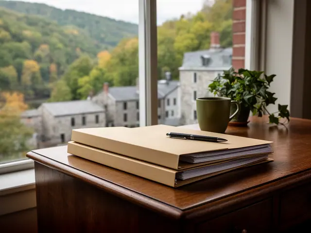 A neat stack of closed manila folders and a pen on a desk by a window.