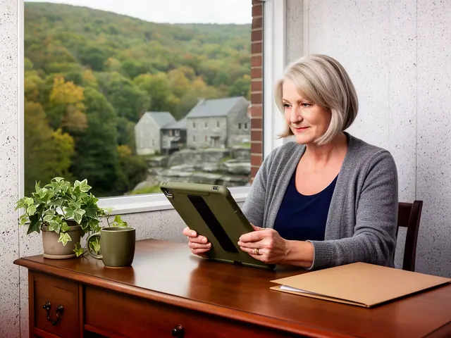 A woman with silver hair reviewing a tablet in an olive case at a wooden desk by a window onto stone houses.