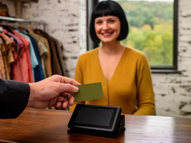 A customer taps an olive card on a counter terminal at a vintage clothing shop.