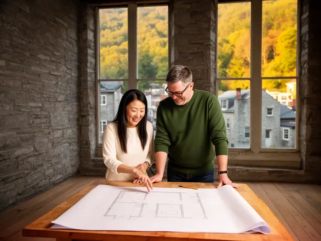 Two business partners looking over a pencil floor sketch in an empty storefront.