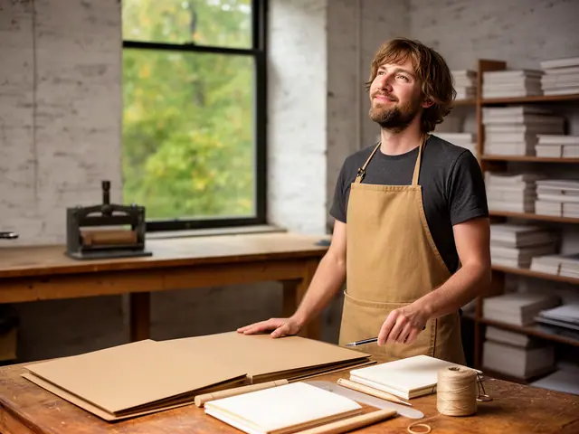 A smiling bookbinder in a canvas apron at a worktable with handmade notebooks and a closed folder.